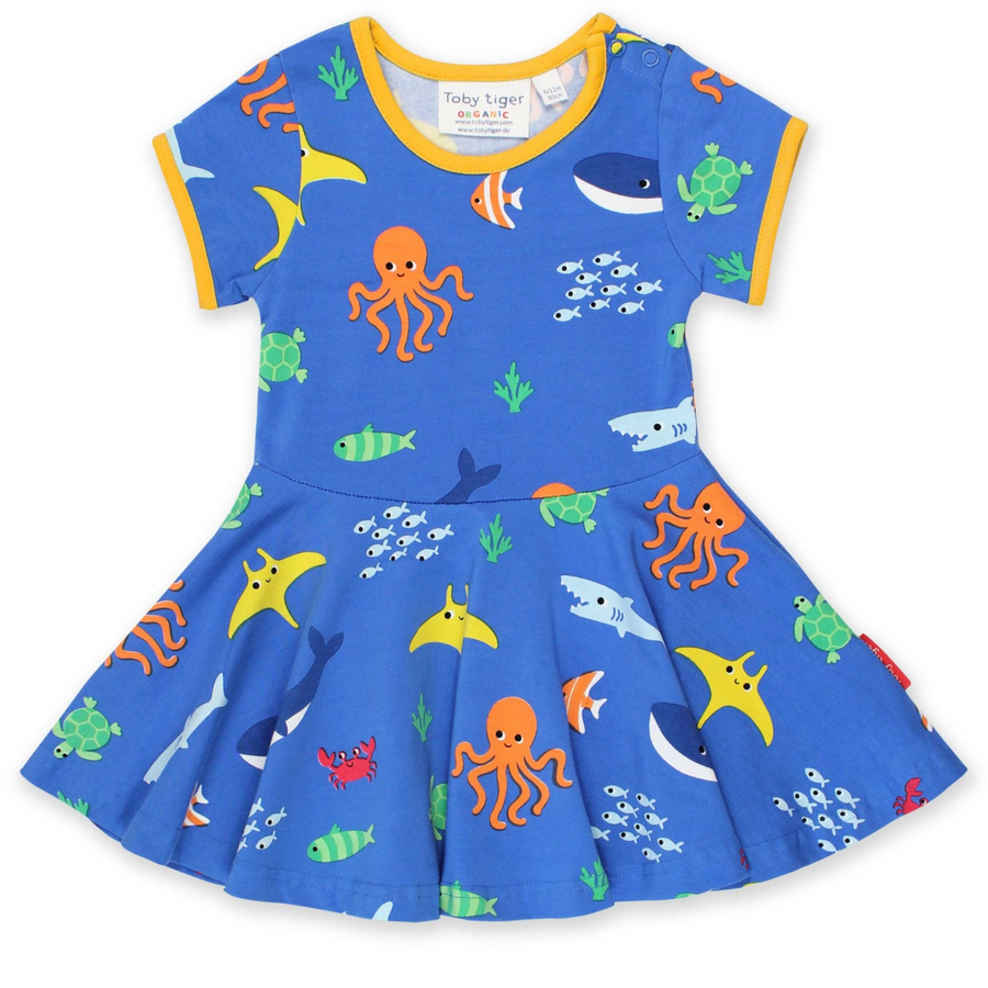 Kids Organic Cotton Skater Dress Blue with colourful Sealife Print 