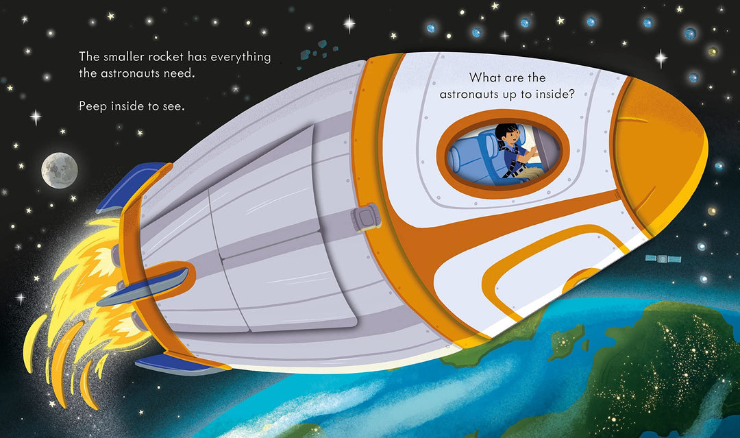 Illustration of a rocket ship with an astronaut inside, set against a space-themed background.