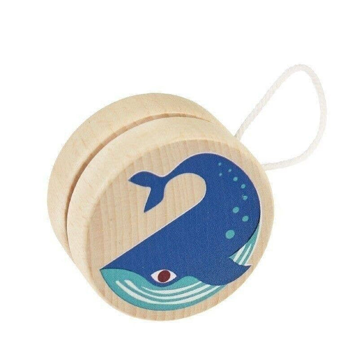 A collection of wooden yoyos with various animal prints, displayed in a box, with the text 'Wild Wonders Wooden Yo-Yos' on the top.