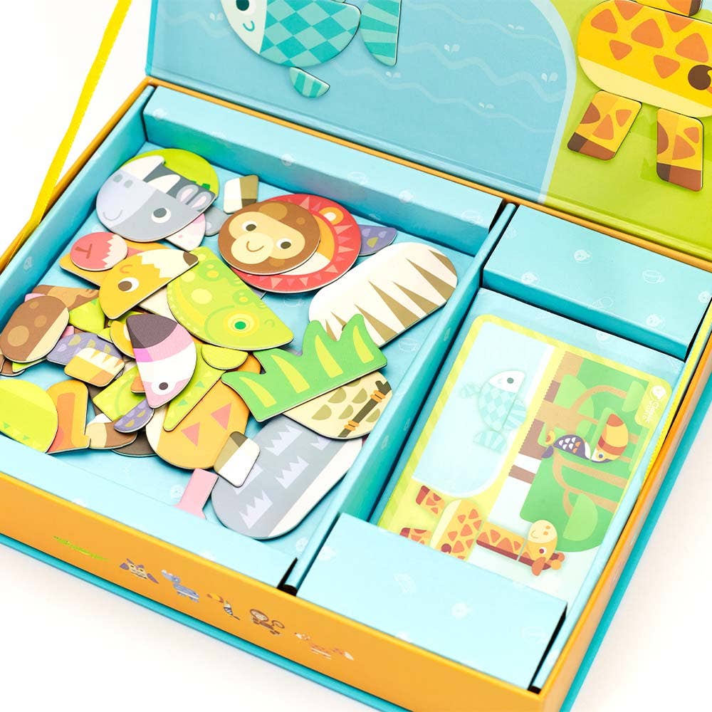 Children's puzzle set with animal-themed pieces in a colorful box