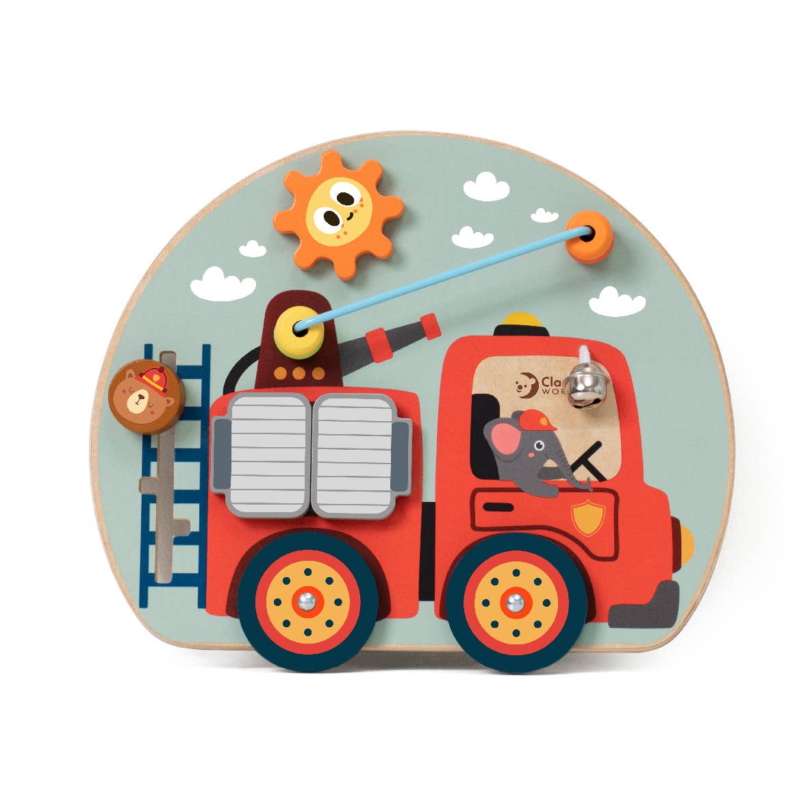 Children's wooden puzzle with a red fire truck and firefighters on a light blue background