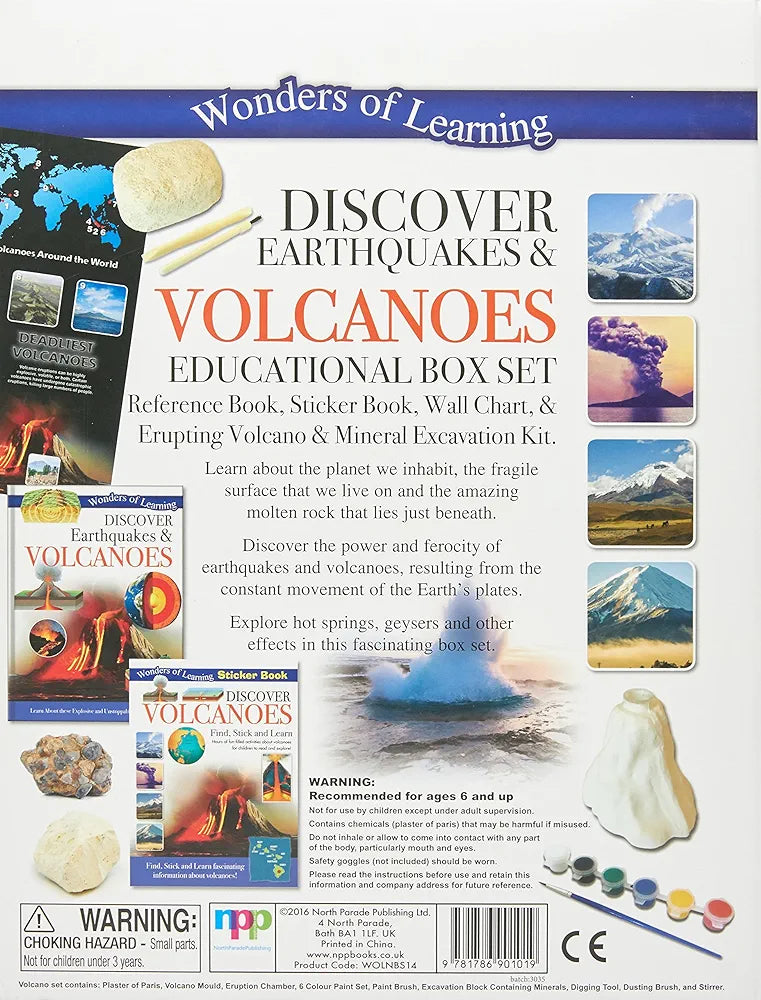 Children's activity tin - This Discover Earthquakes and Volcanoes box set contains a 48 page reference book, an earthquakes and volcanoes wall chart,a 24 page sticker book and an erupting volcano model kit.