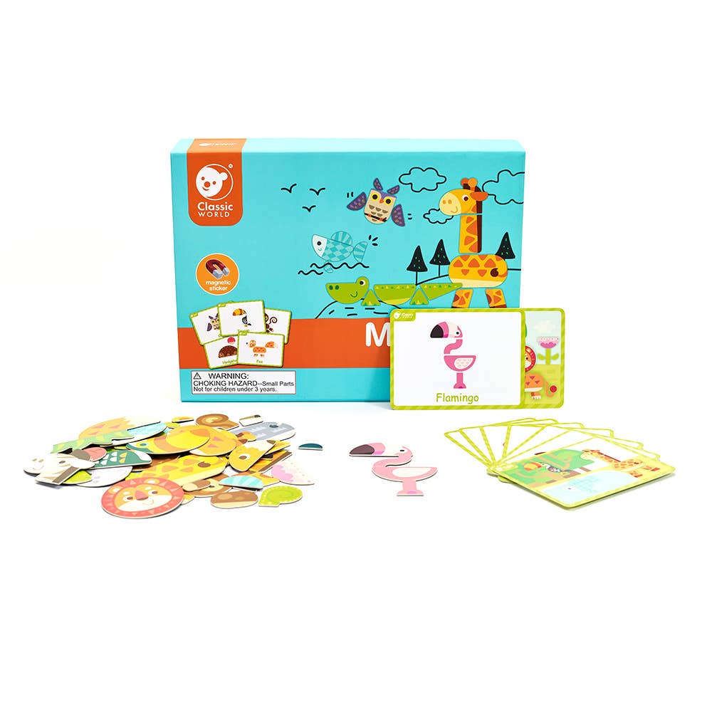 Children's educational card game with colorful cards and a box on a white background