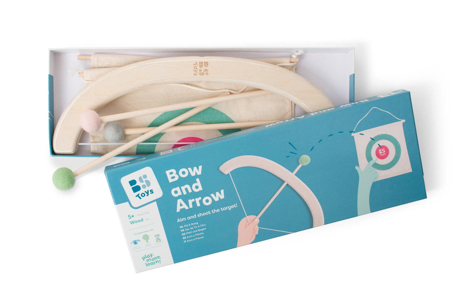 A bow and arrow toy set by BS Toys packaged in a box with a wooden bow, arrows, and a fabric target.