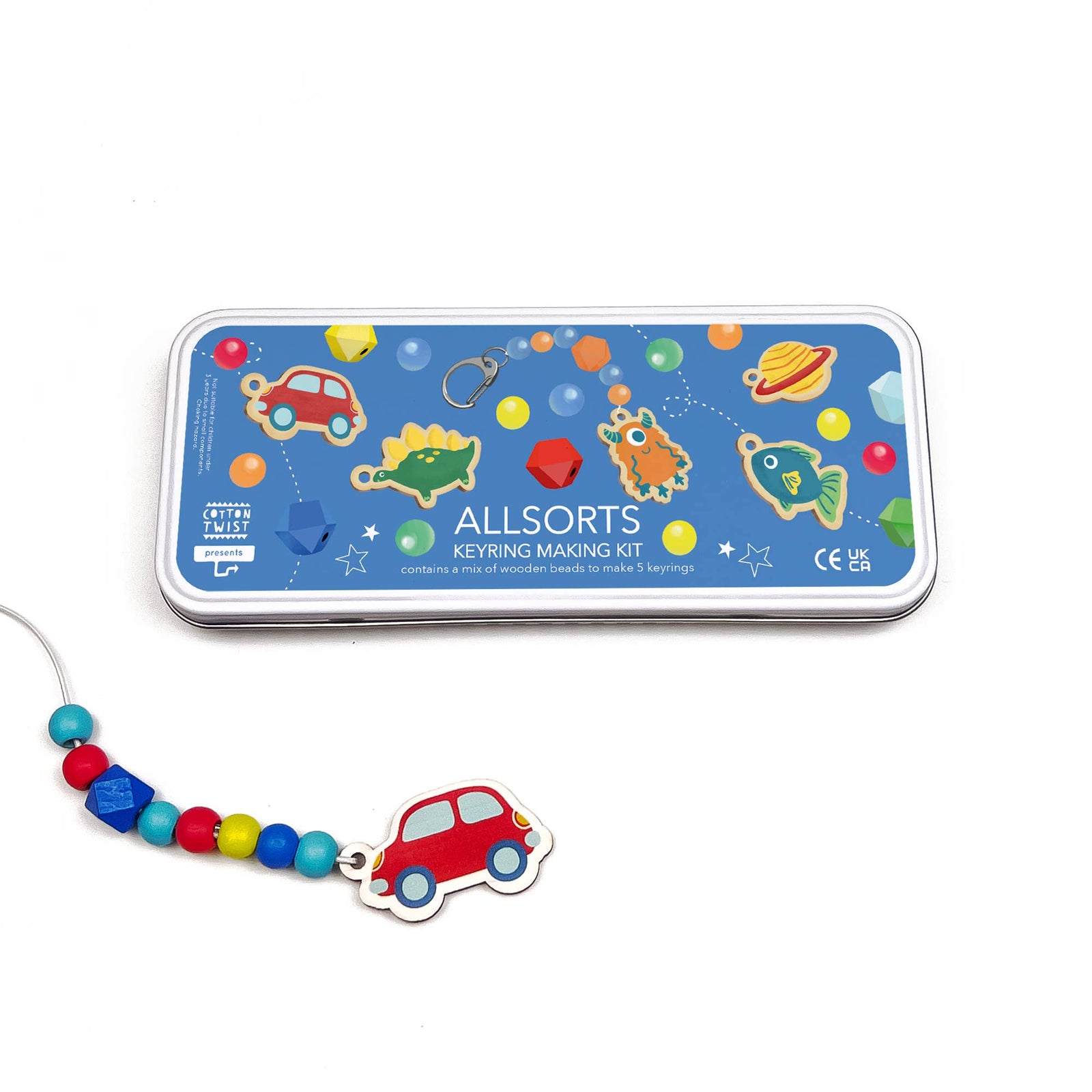 The Allsorts Keyring making kit is a wonderful plastic free activity. It offers a selection of wooden fobs to include a dinosaur, monster, fish, planet &amp;; a car, allowing children to create 5 keyrings. The kit also comes with rainbow coloured spacer &amp; geometric beads to complement the showpiece beads for vibrant accessories! In a bid to banish plastic tat from our homes, all Cotton Twist products are lovingly made by hand and all components are as good as we can possibly make them.