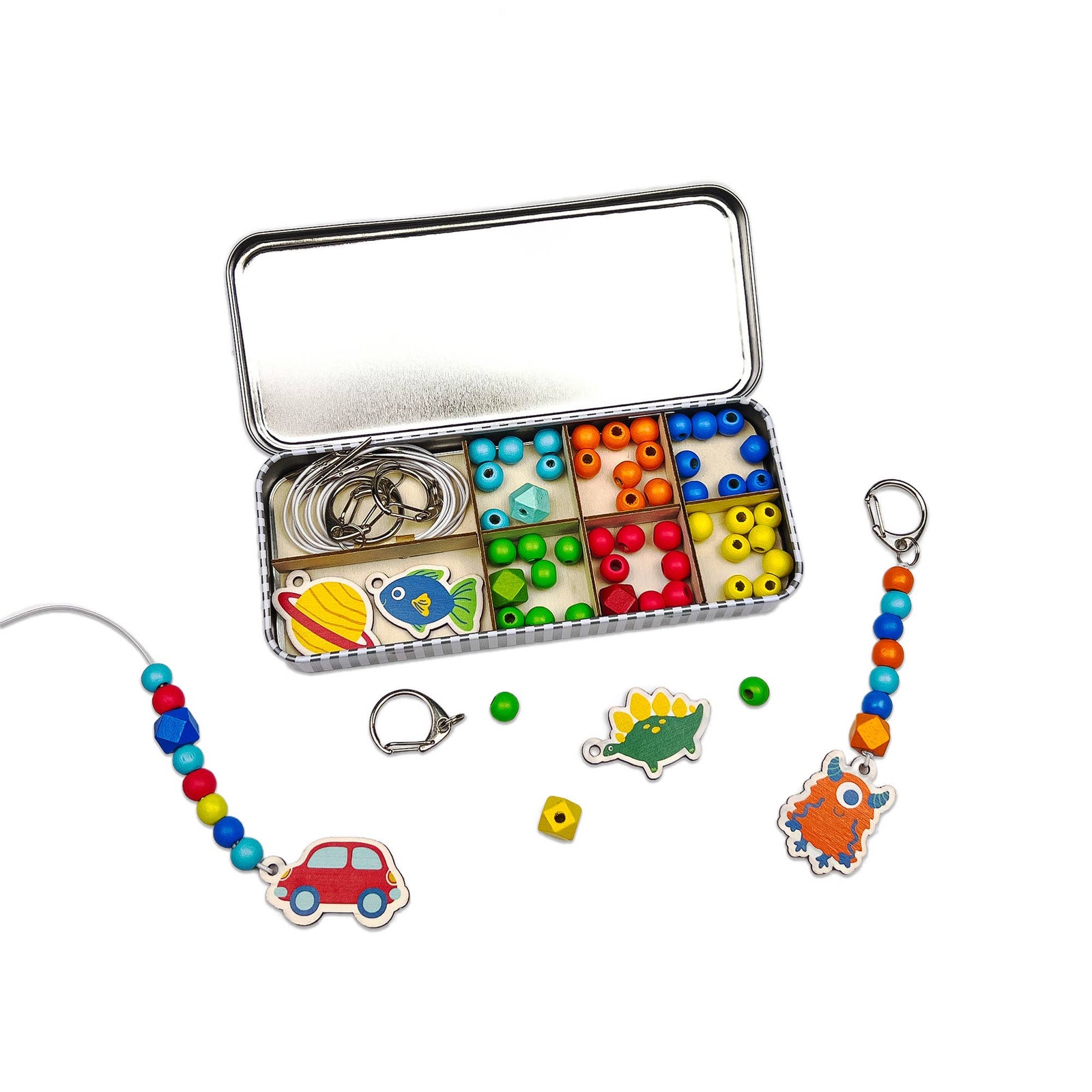 The Allsorts Keyring making kit is a wonderful plastic free activity. It offers a selection of wooden fobs to include a dinosaur, monster, fish, planet &amp;; a car, allowing children to create 5 keyrings. The kit also comes with rainbow coloured spacer &amp; geometric beads to complement the showpiece beads for vibrant accessories! In a bid to banish plastic tat from our homes, all Cotton Twist products are lovingly made by hand and all components are as good as we can possibly make them.
