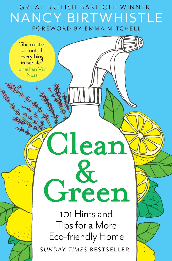 Book cover of 'Clean & Green' by Nancy Birtwhistle with a cleaning bottle illustration on a blue background.