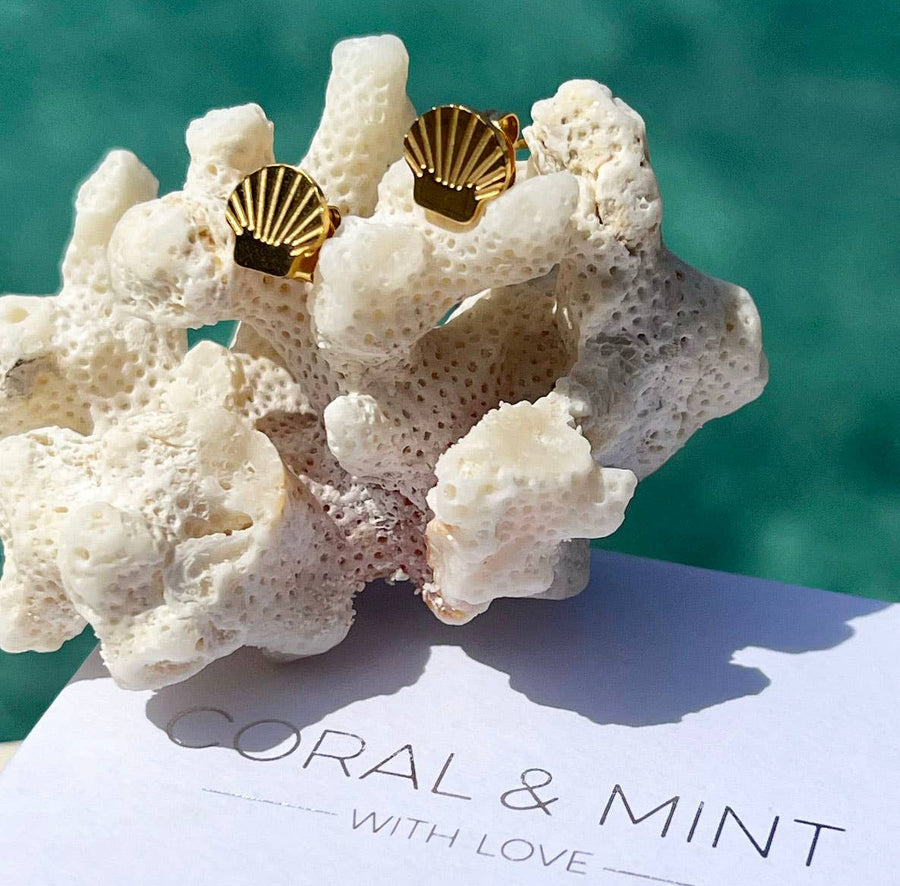Gold shell earrings on a piece of coral with a blurred ocean background