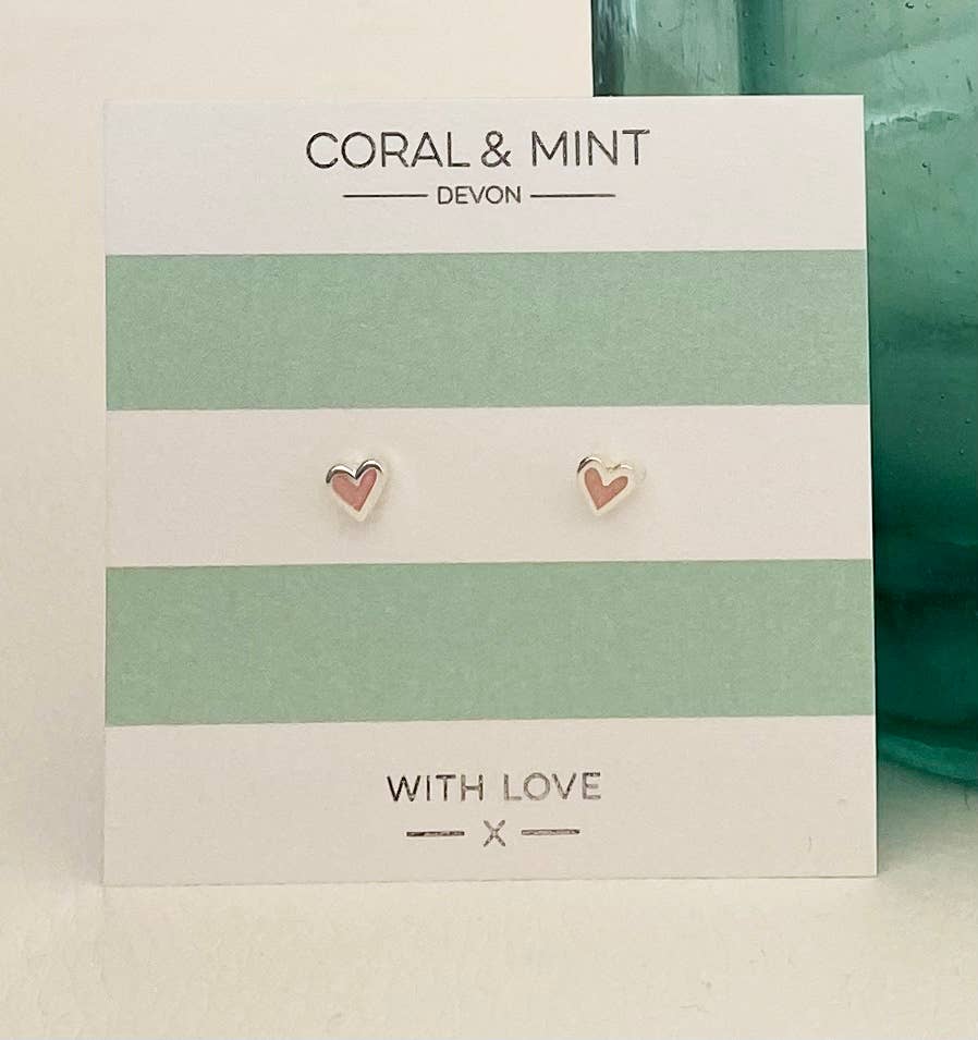 Coral & mint mini Heart Studs - Pink Sparkle Enamel