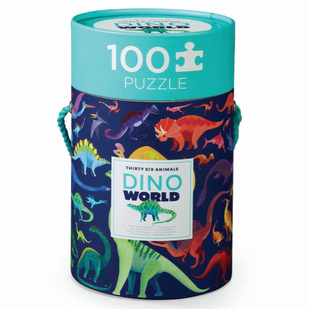 100 piece kids puzzle - Dino world comes in a handy canister.