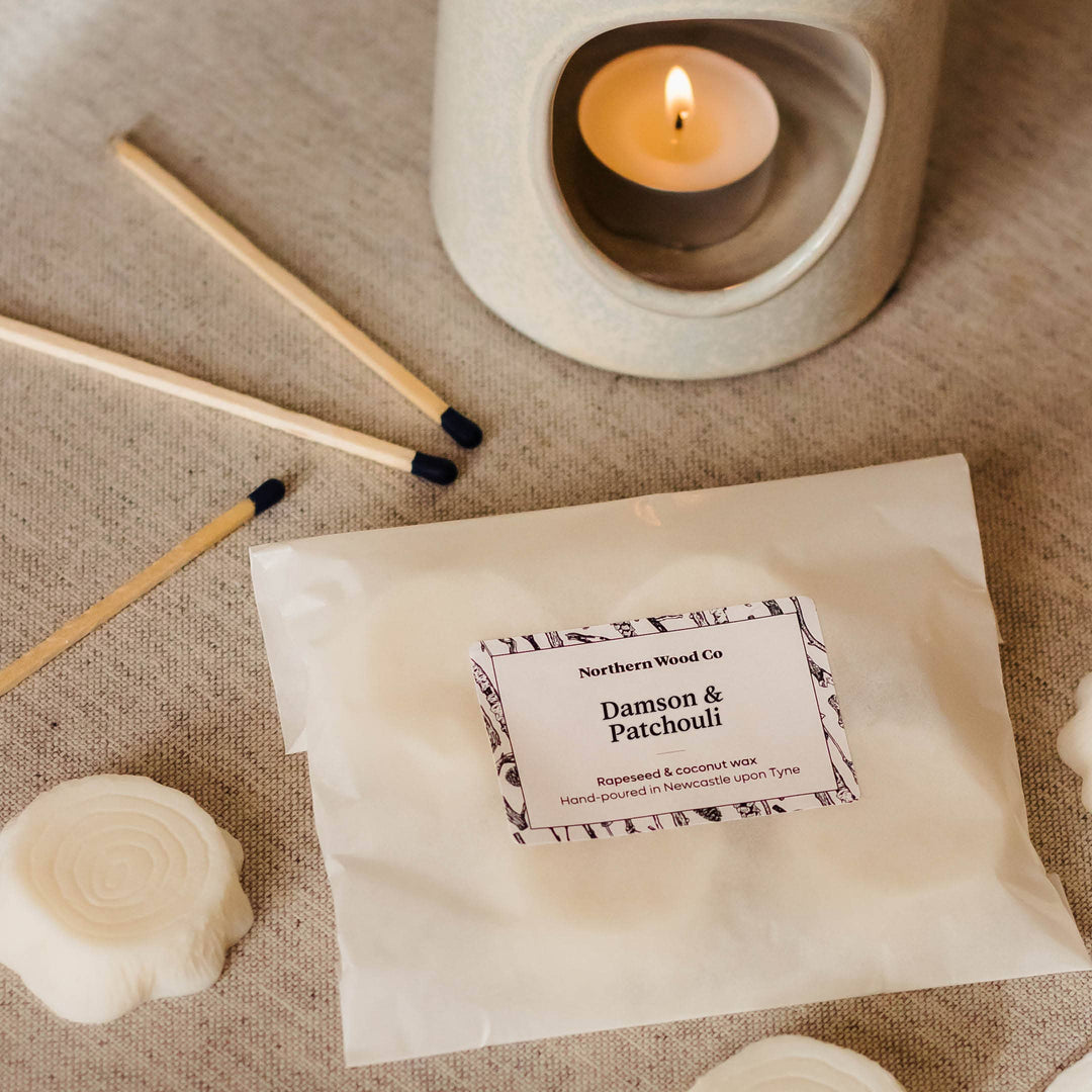 Damson and Patchouli Natural Wax Melts made from Coconut Wax and natural essential Oils.