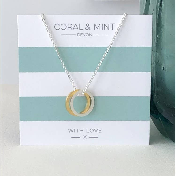 Coral & mint double eternity necklace, silver and gold.