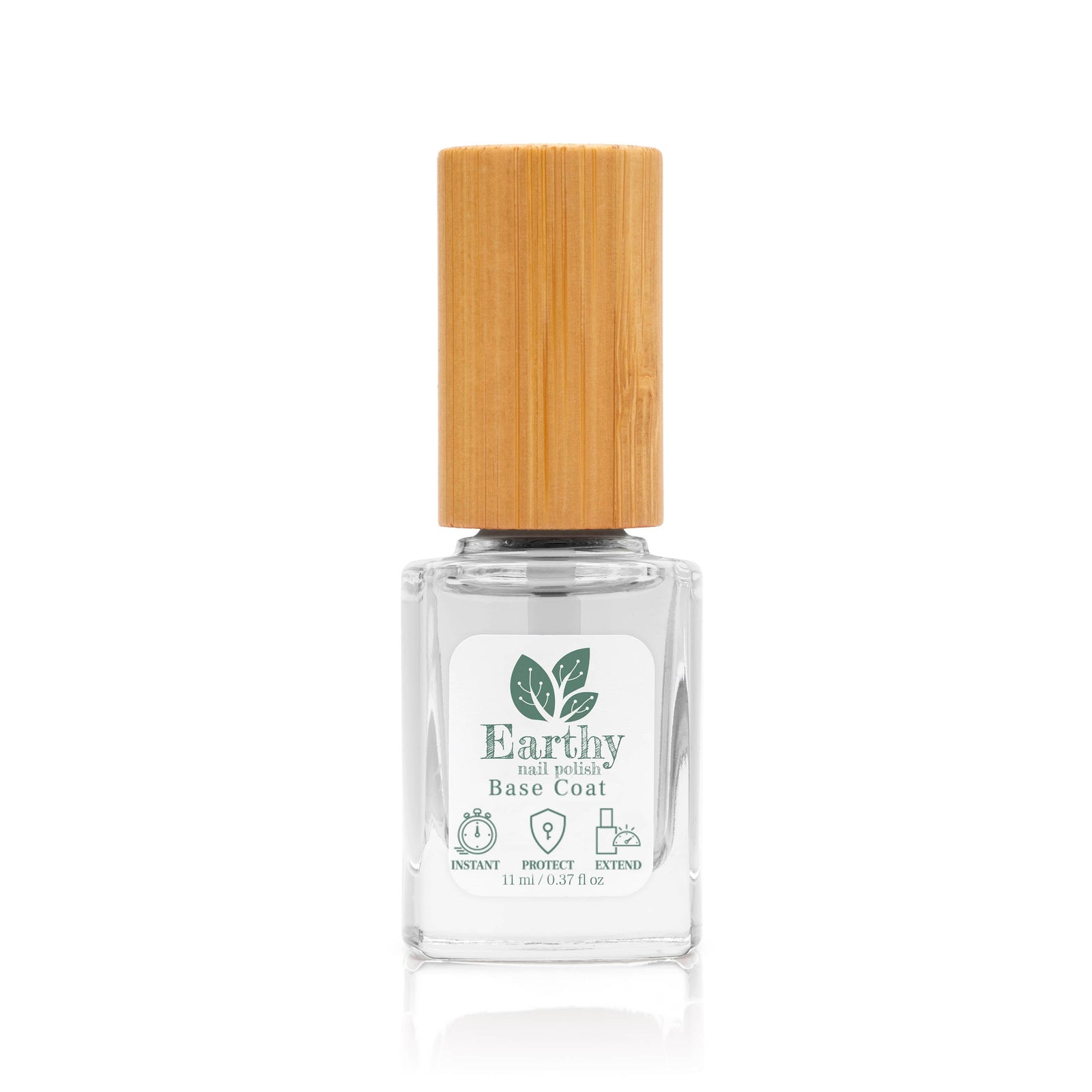 Clear nail polish bottle with wooden cap on a white background