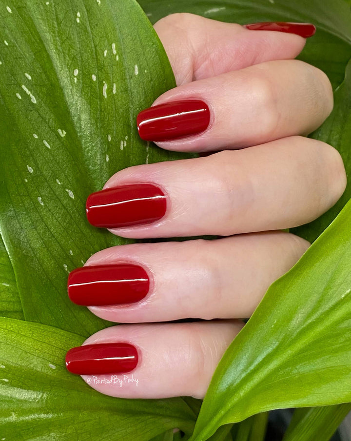 Hand with red nail polish on a green leaf background