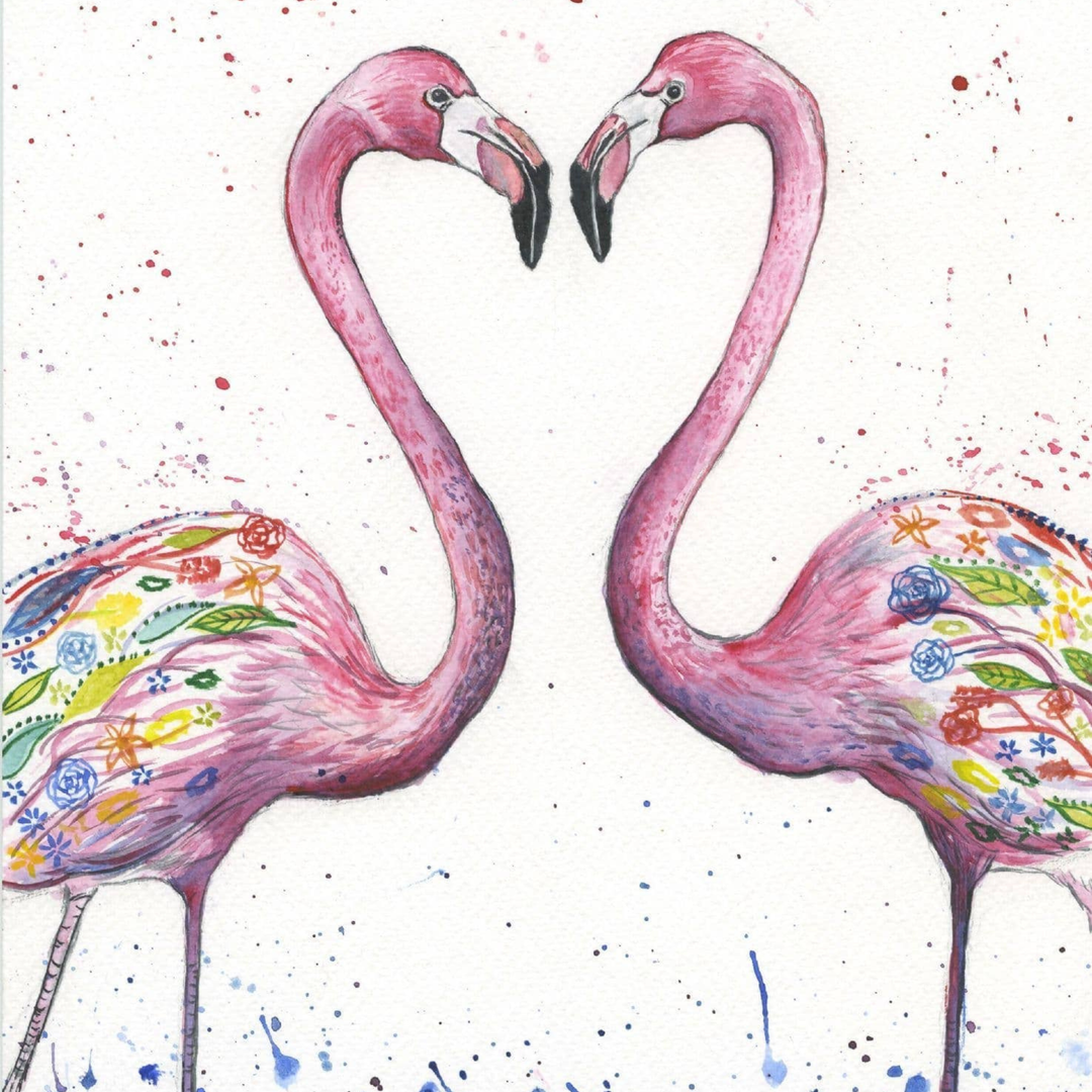 Two pink flamingos forming a heart shape with colorful patterns on a white background