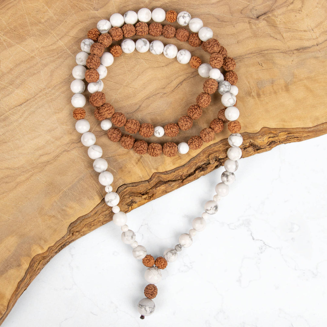Freedom Bead Necklace with Rudraksha Seed and White Turquoise.