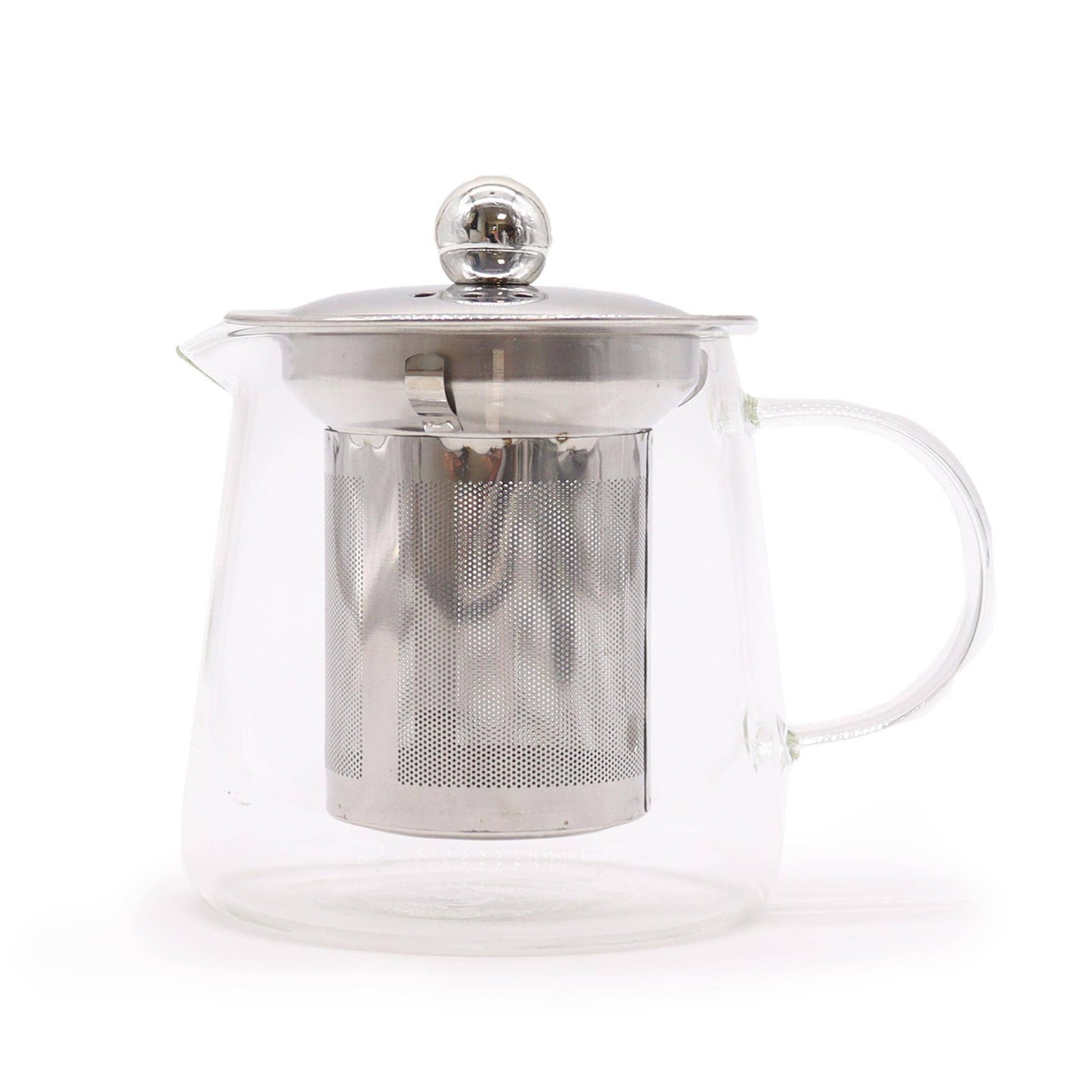 Clear glass teapot with metal infuser on a white background