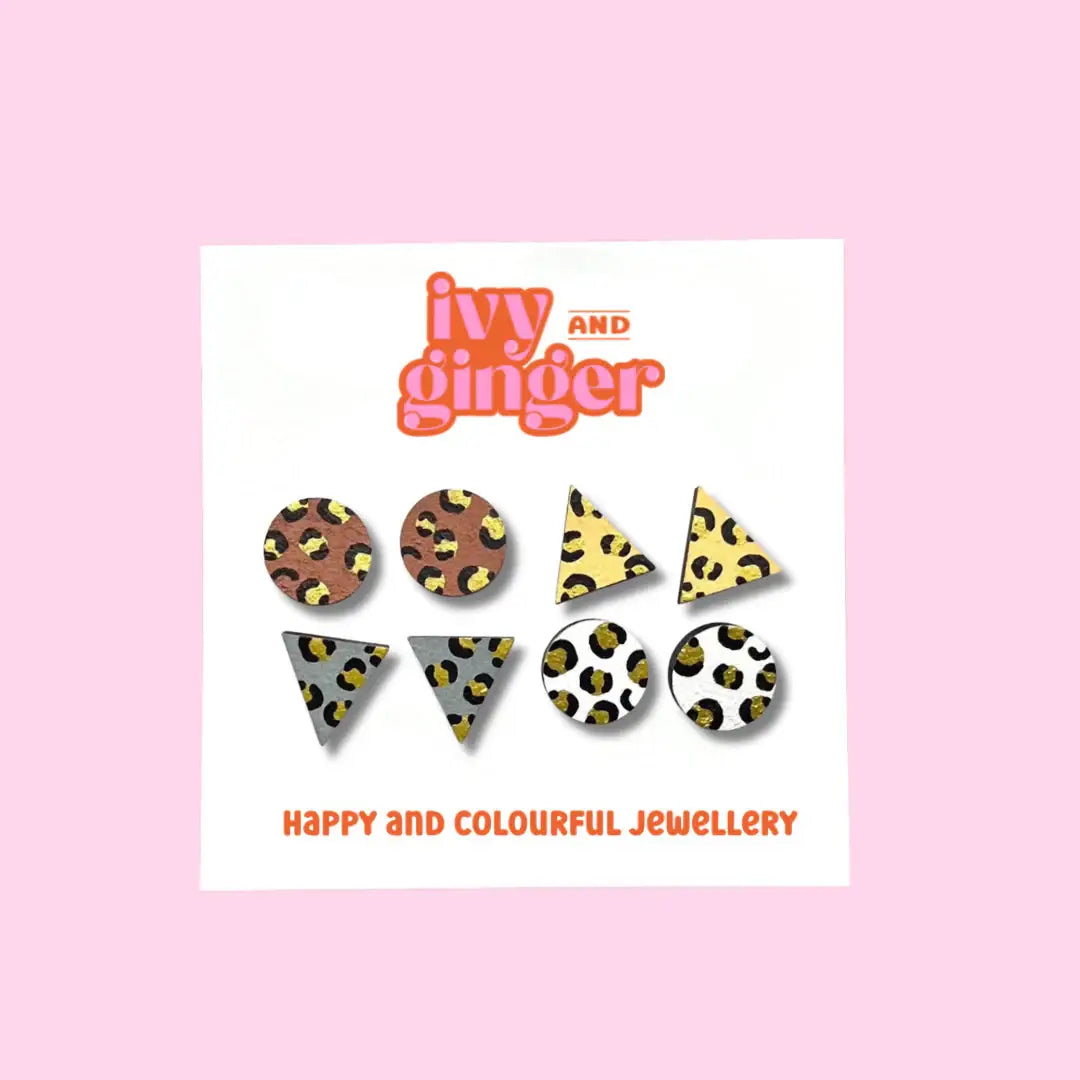 Gold Leopard Print Wooden Stud Earrings Set - The Eco Boutique 
