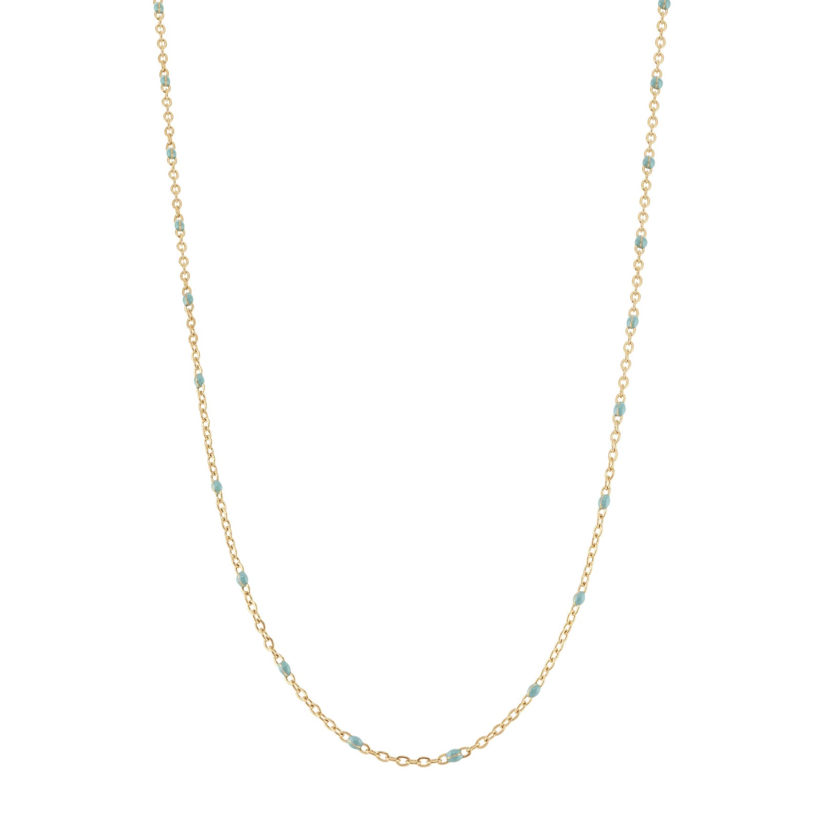 Gold chain necklace with small beads on a white background