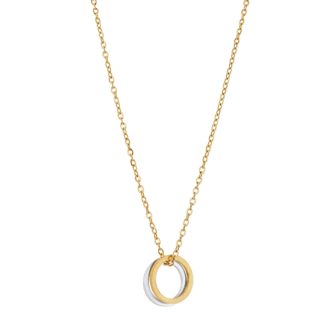 Gold necklace with a circular silver & gold pendant on a white background