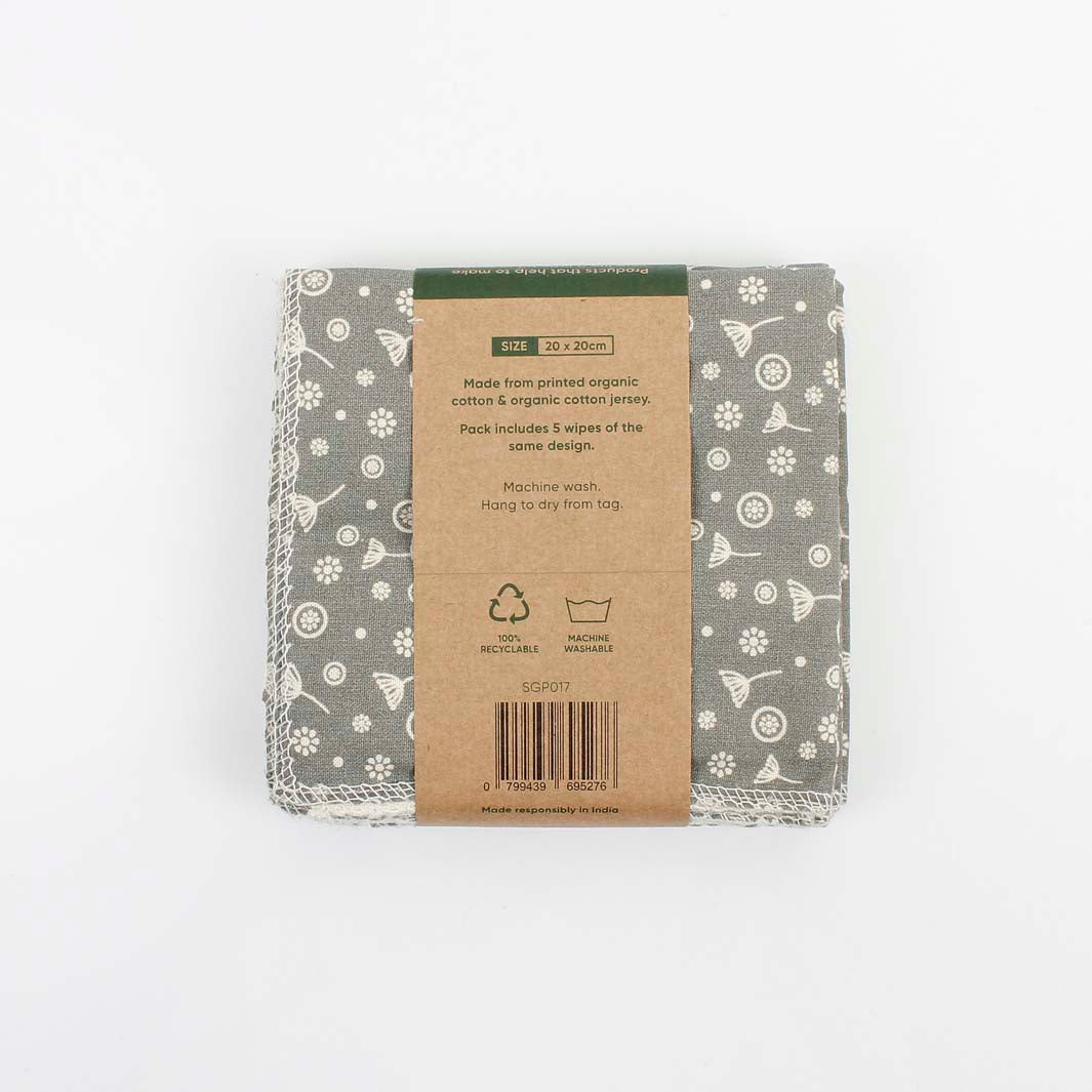 Packaged reusable wipes with a gray and white patterned design on a white background