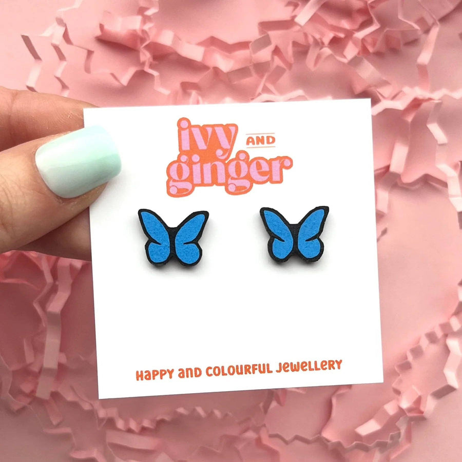 Hand Painted Fun Blue and Black Butterfly Stud Earrings