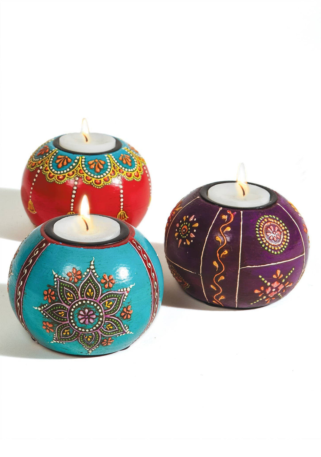 Hand Painted Wooden Round Tealight Holder