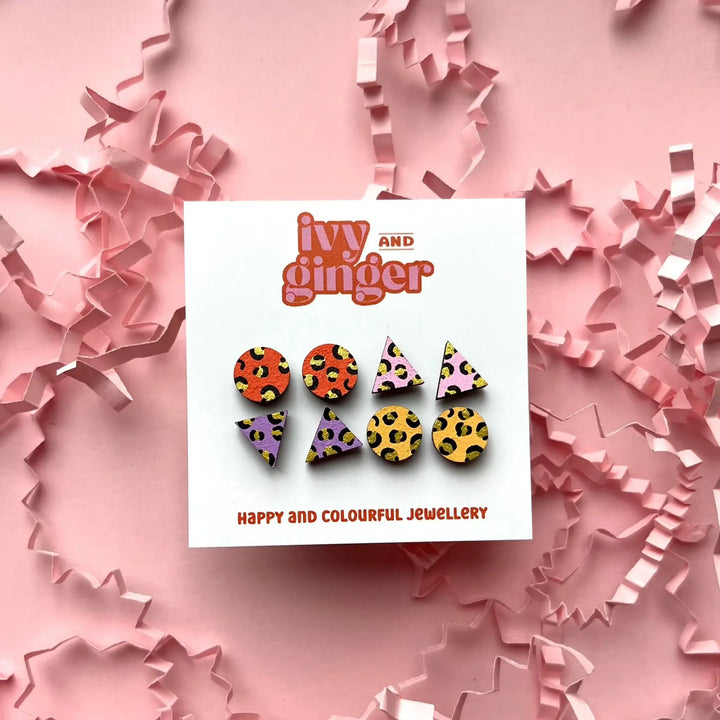 Handmade Bright Mini Leopard Print Stud Set Wooden Earrings