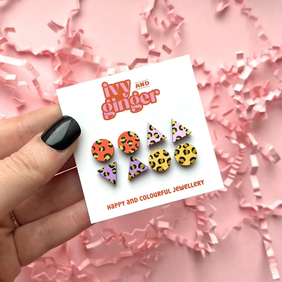 Handmade Bright Mini Leopard Print Stud Set Wooden Earrings
