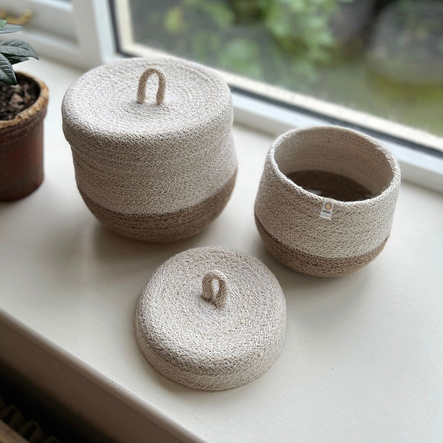 Jute Lidded Basket Set - Natural/White - The Eco Boutique 