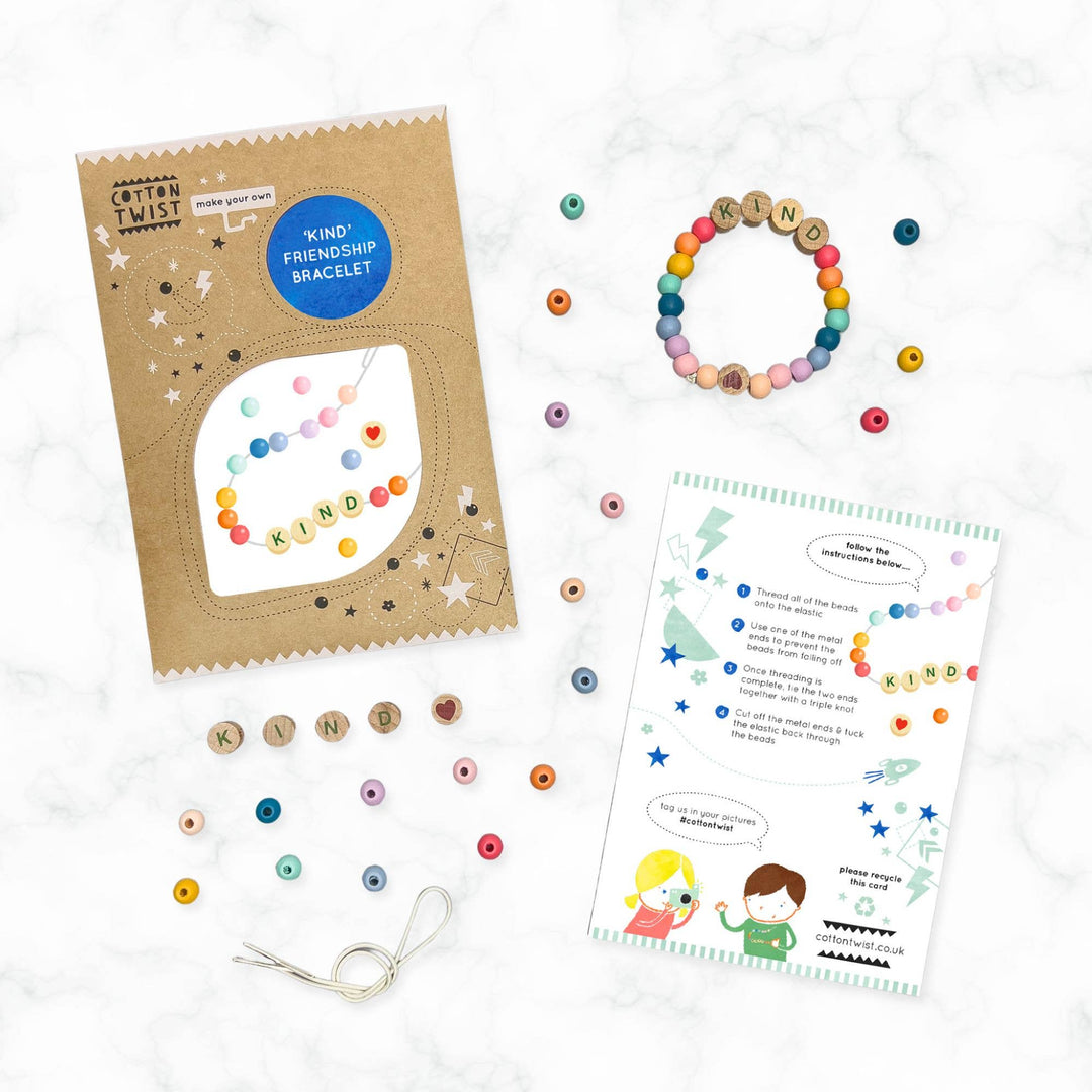 Cotton Twist friendship bracelet kit with colorful beads, packaging, and instructions on a white background