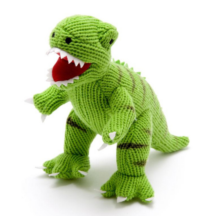 T Rex Knitted Dinosaur Soft Toy Green suitable from birth.