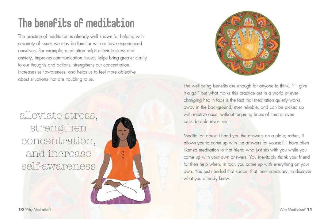 Page about the benefits of meditation featuring a woman in a yoga pose and a colorful mandala.