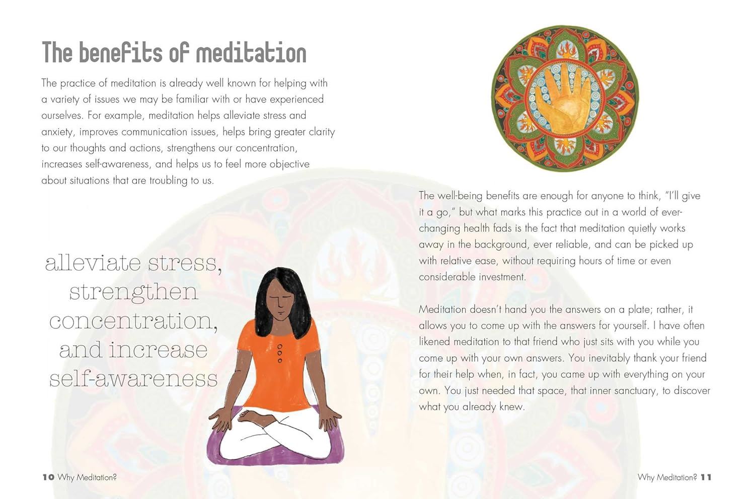 Page about the benefits of meditation featuring a woman in a yoga pose and a colorful mandala.