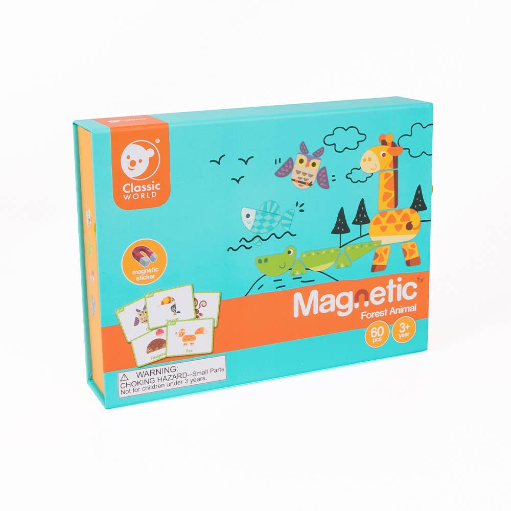Box of Magnetic Forest Animals toy set with colorful design on a white background
