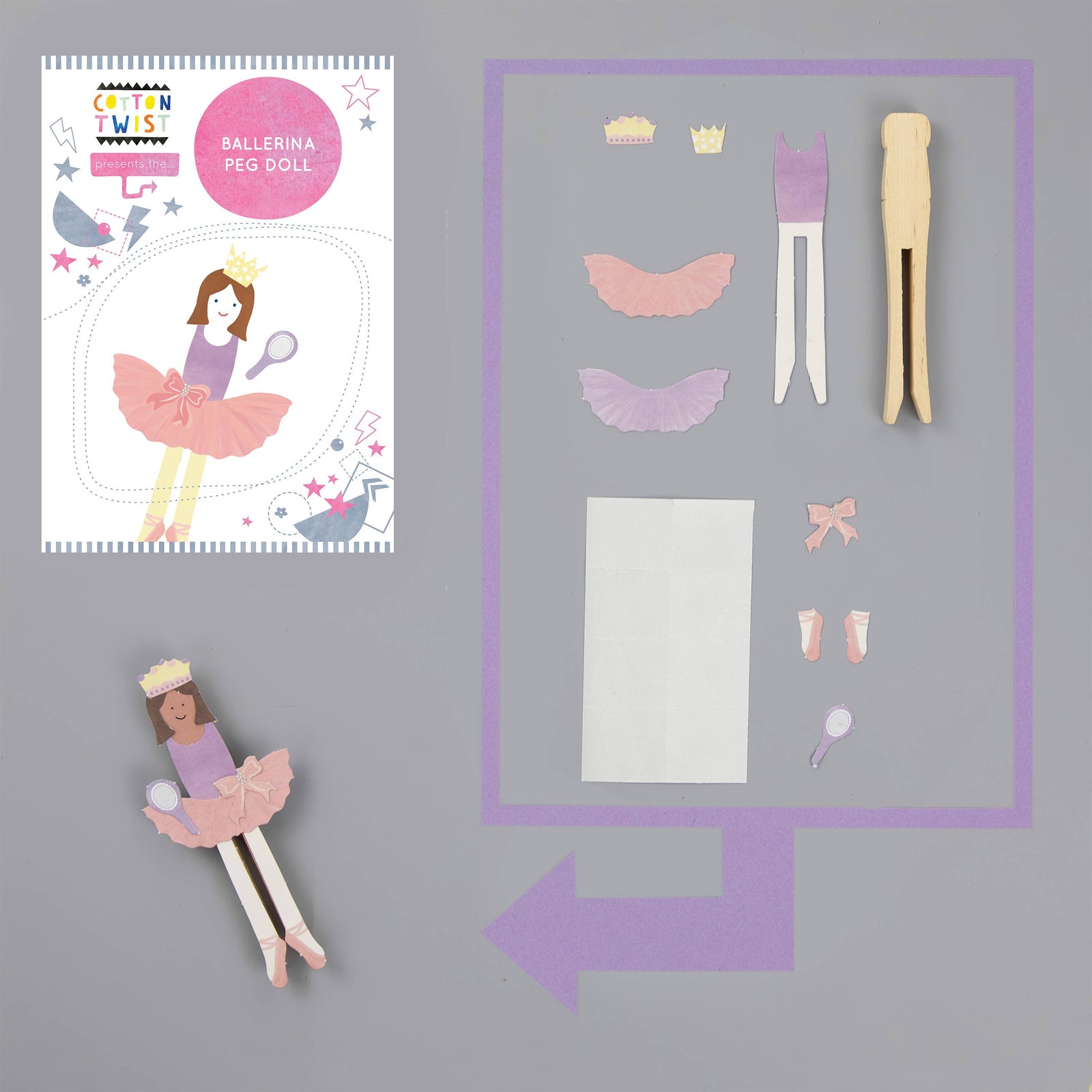 Kids Ballerina Peg Doll Craft Kit With Pink Tutus, Accessories and mirror.