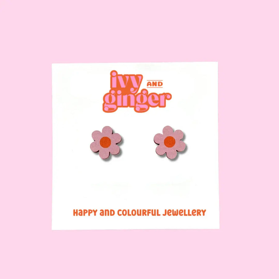 Midi daisy stud digitally printed wooden earrings pink