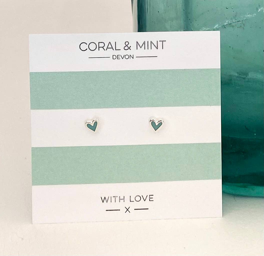 Coral & mint mini Heart Studs - Mint Enamel