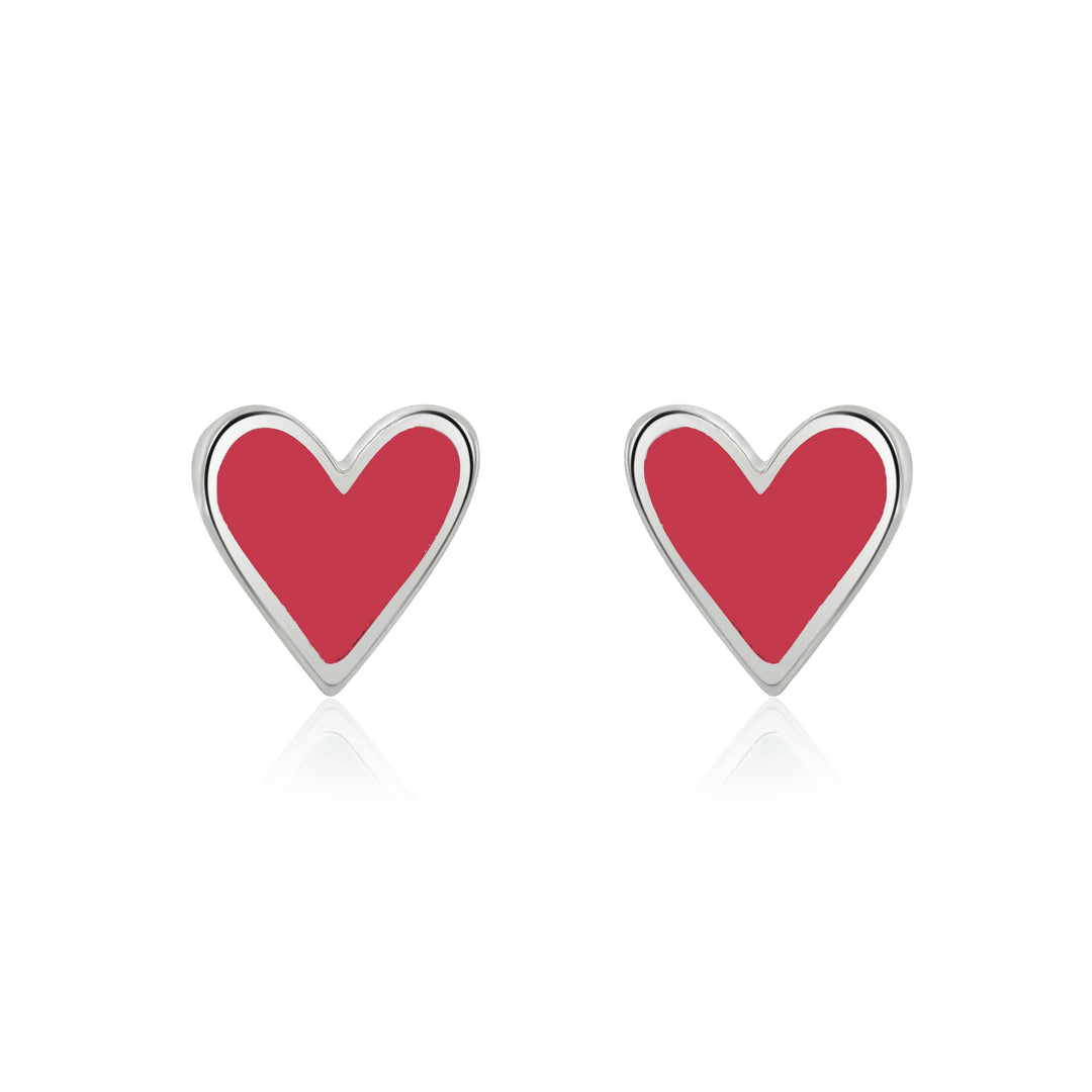 Coral & mint Mini Heart Studs -Raspberry Red Enamel