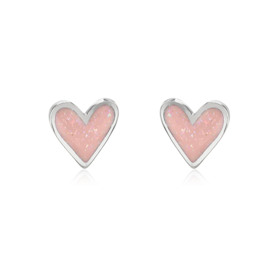 Coral & mint mini Heart Studs - Pink Sparkle Enamel