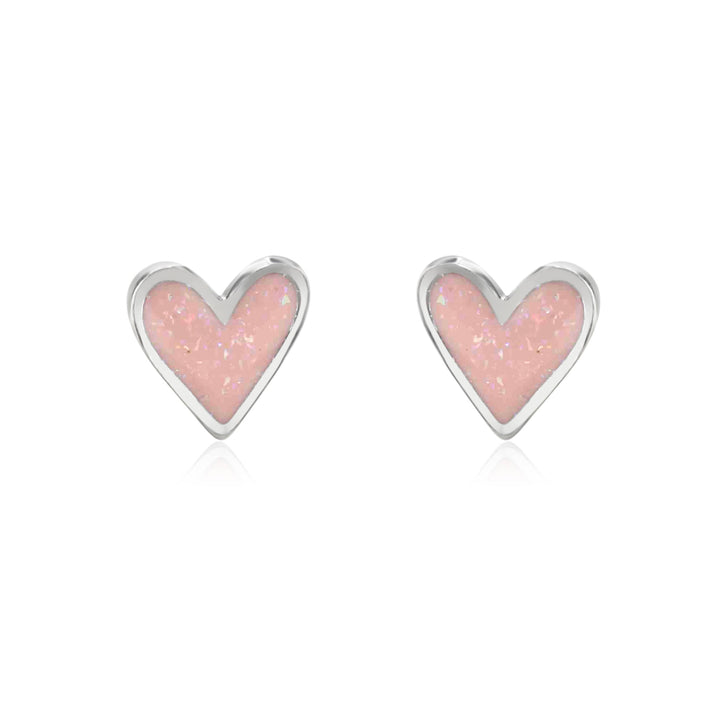 Coral &amp; mint mini Heart Studs - Pink Sparkle Enamel
