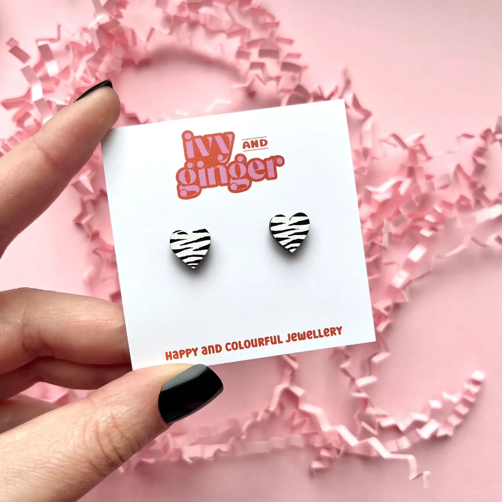 Mini Zebra Print Heart Stud Wooden earrings