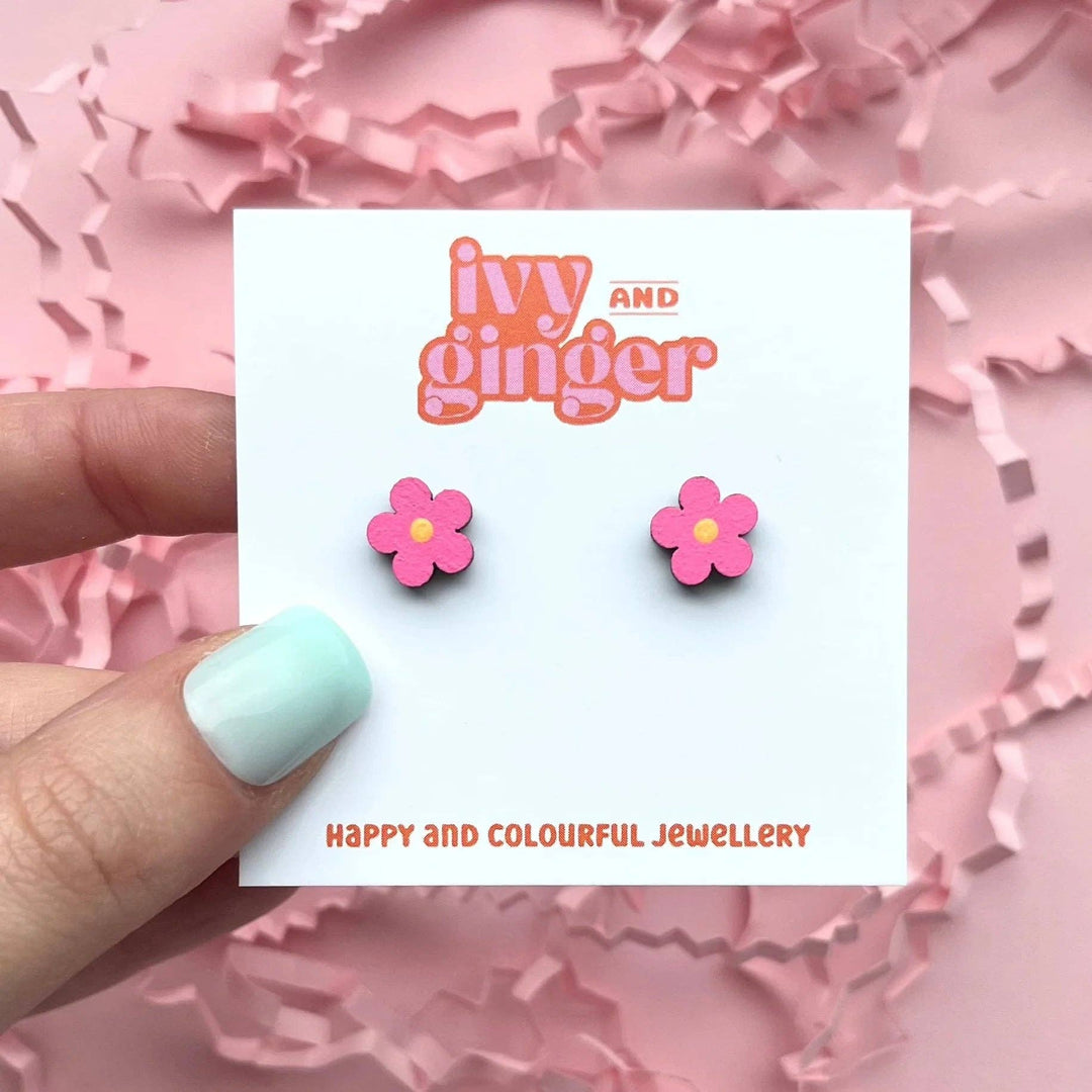 Hand painted wooden mini bright pink flower stud earrings