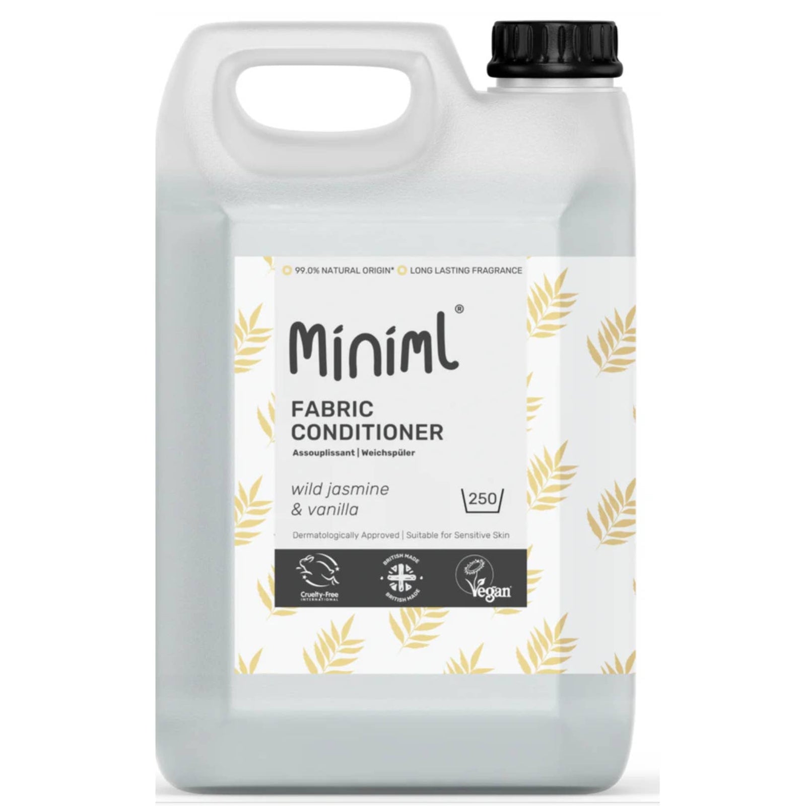 Miniml fabric conditioner container with label on a white background