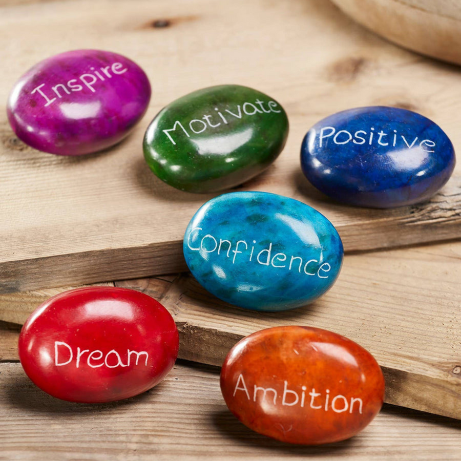Motivational Soapstone Pebbles with 6 different sentiments.