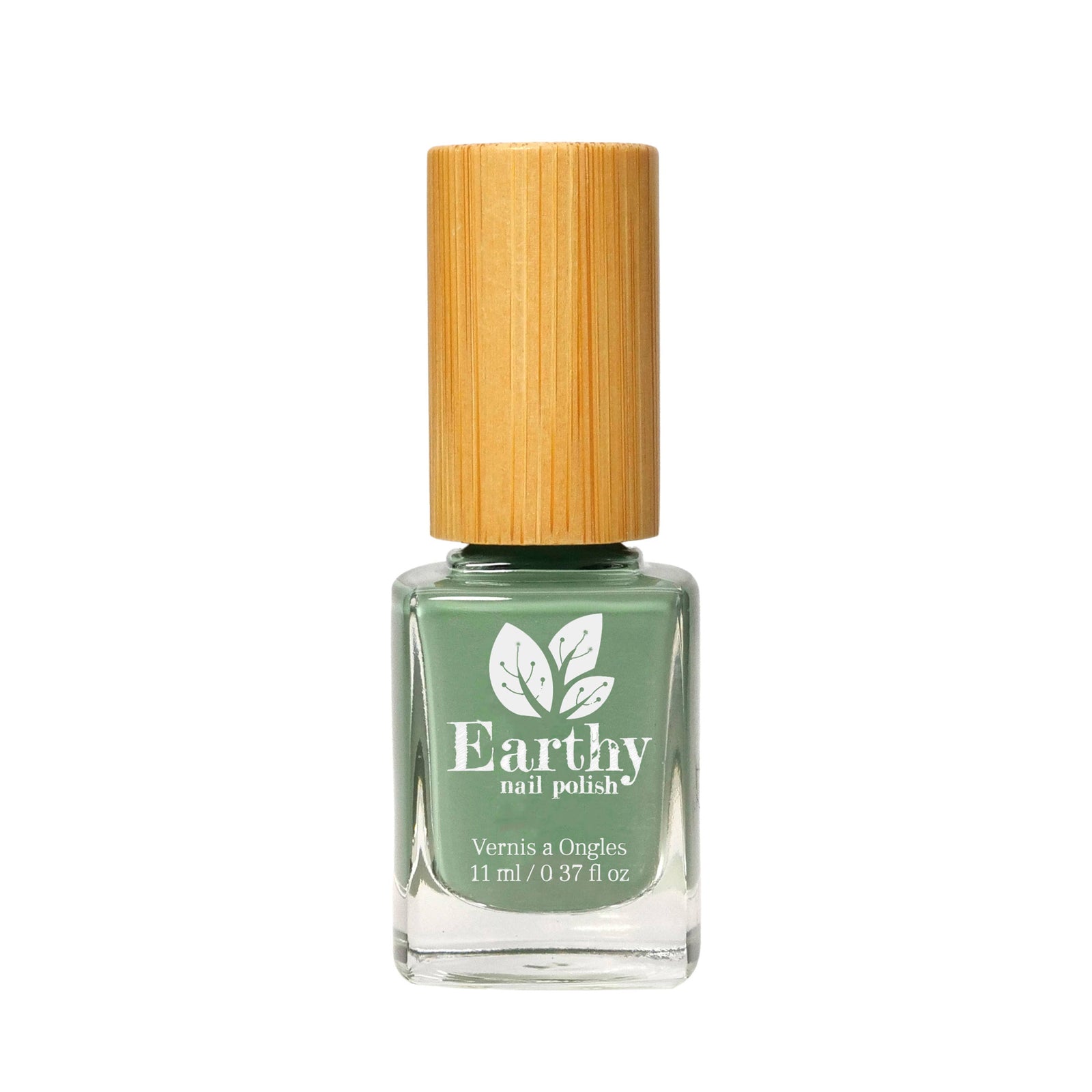 Green nail polish bottle with a bamboo cap on a white background