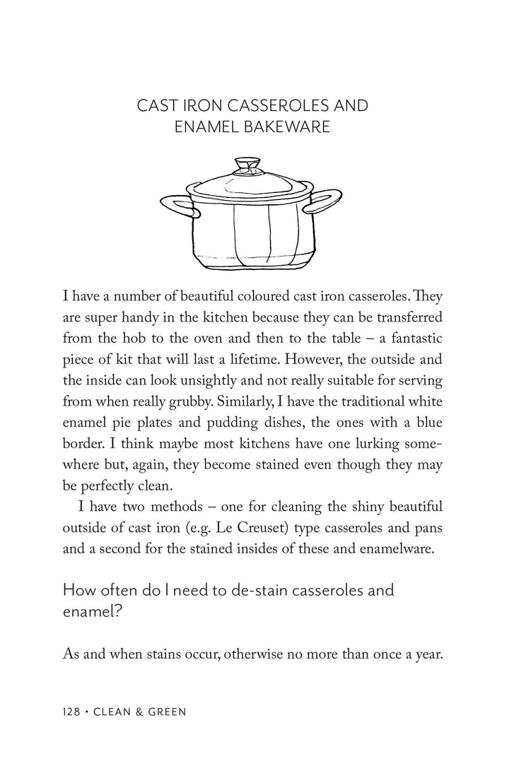 Text about cast iron casseroles and enamel bakeware with a line drawing of a pot on a white background.