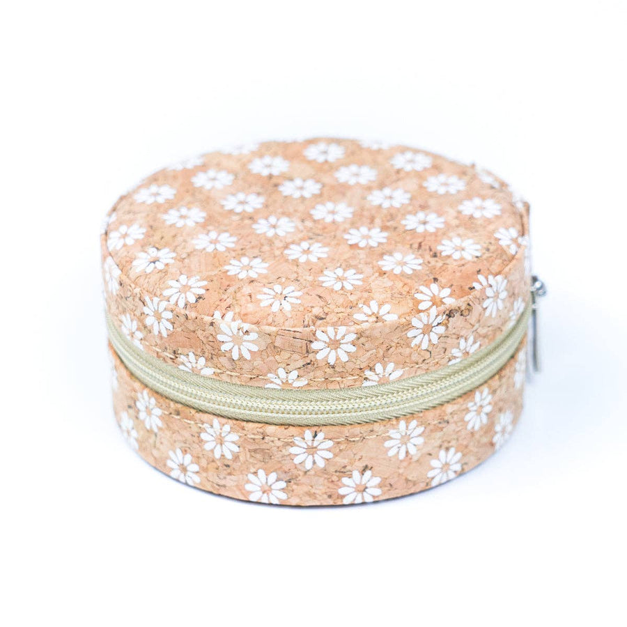 Natural Cork Jewellery Storage Round Box - Zipped compartment with Daisy Design