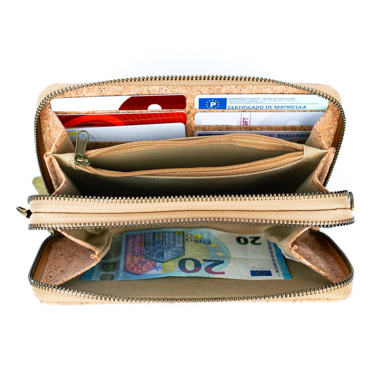 Womens Natural Cork Phone Purse with zipped pockets.