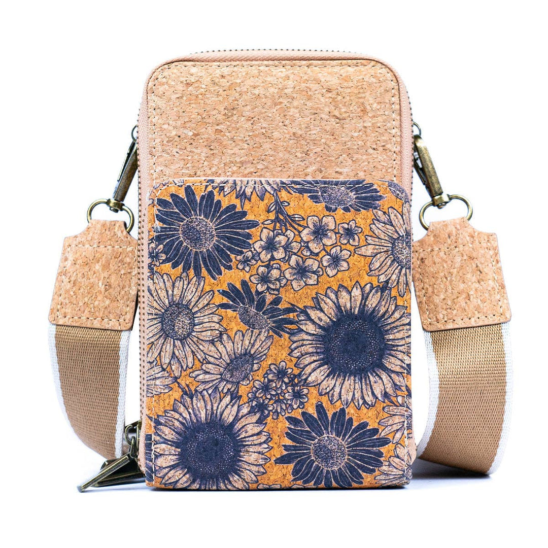 Natural Cork Women's Crossbody Phone Bag with Triple Zipper Design